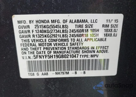 2016 Honda Pilot Lx из США, поврежденный, VIN 5FNYF5H19GB021047